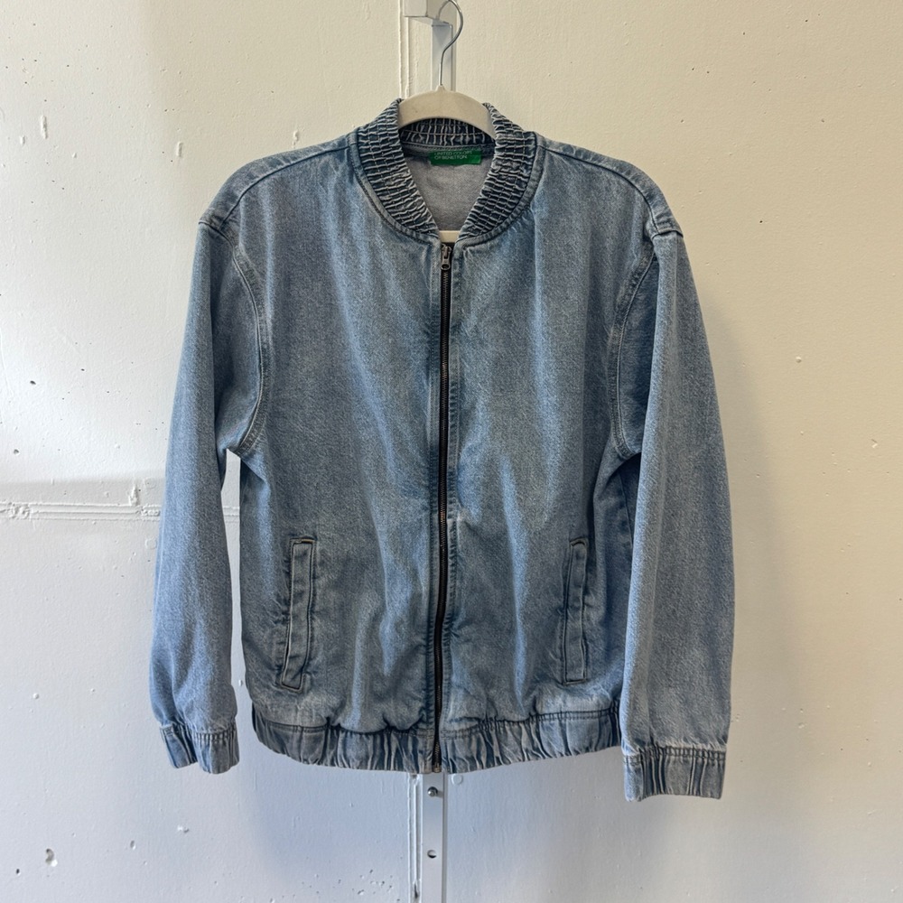 United Colors of Benetton Denim Bomber Jacket Light Wash Zip Up 3XL Kids 13-14Y